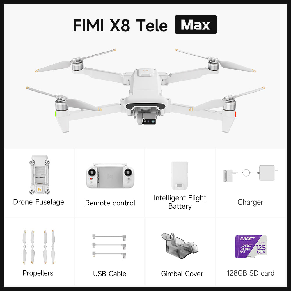 FIMI X8 Tele Max Camera Drone - 4K/60fps Video Dual Cameras 3-Axis AI Super Night Mode 20km Transmission