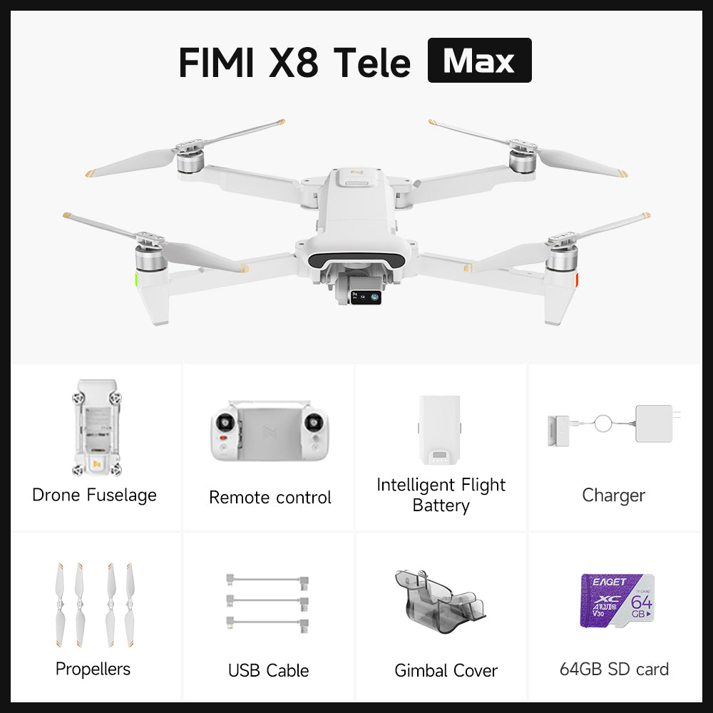 FIMI X8 Tele Max Camera Drone - 4K/60fps Video Dual Cameras 3-Axis AI Super Night Mode 20km Transmission