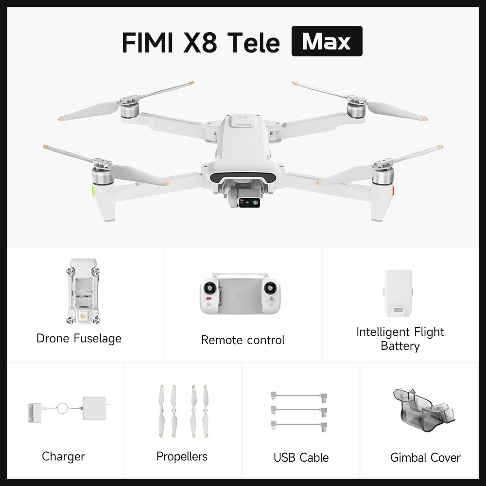 FIMI X8 Tele Max Camera Drone - 4K/60fps Video Dual Cameras 3-Axis AI Super Night Mode 20km Transmission